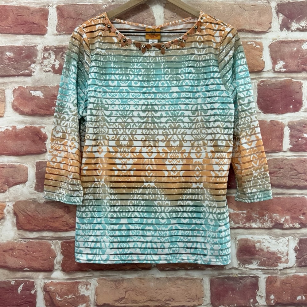 Ruby Rd Top Women's Large Petite Multicolor Striped Burnout Beaded Casual Shirt
